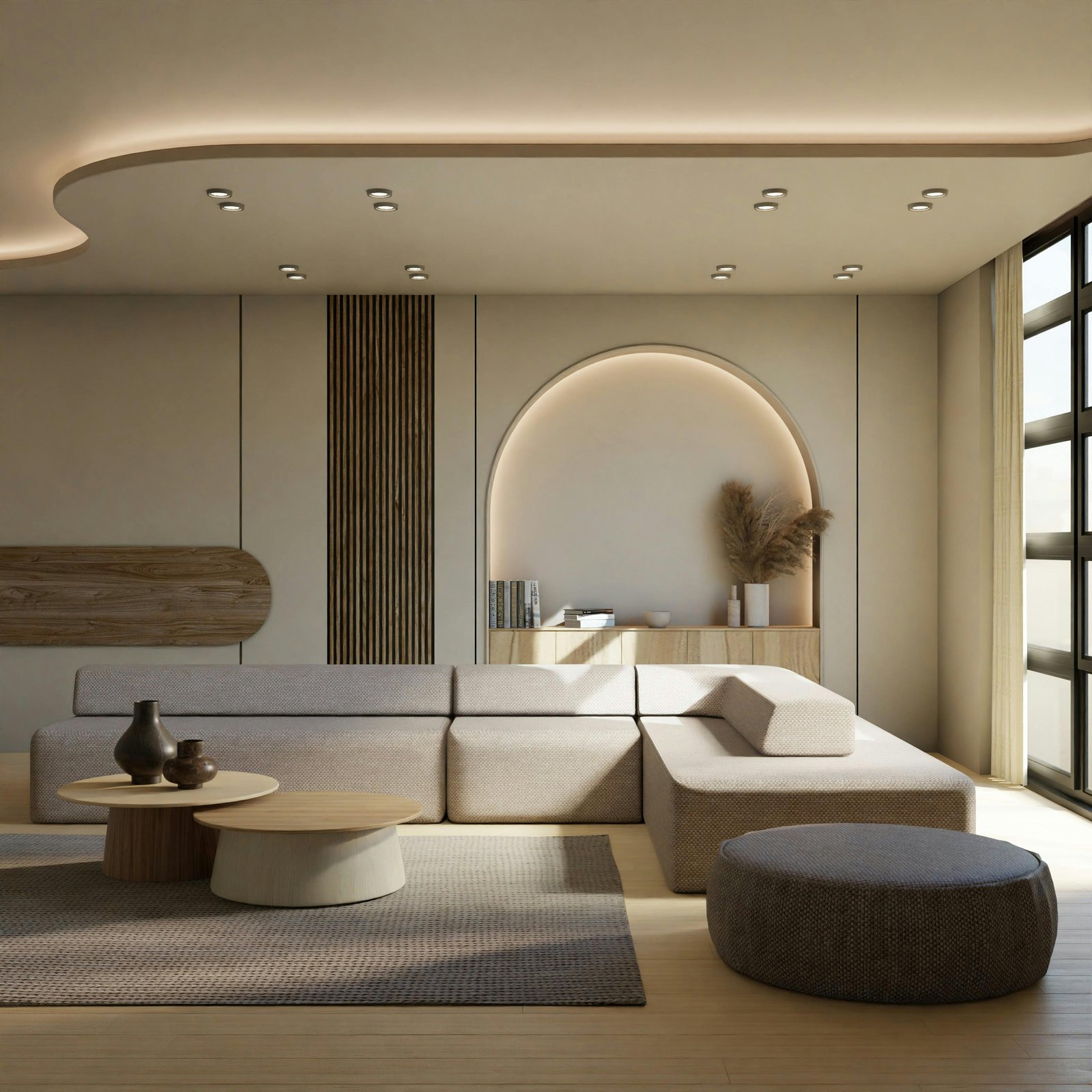 Salon contemporain avec matériaux naturels et design minimaliste