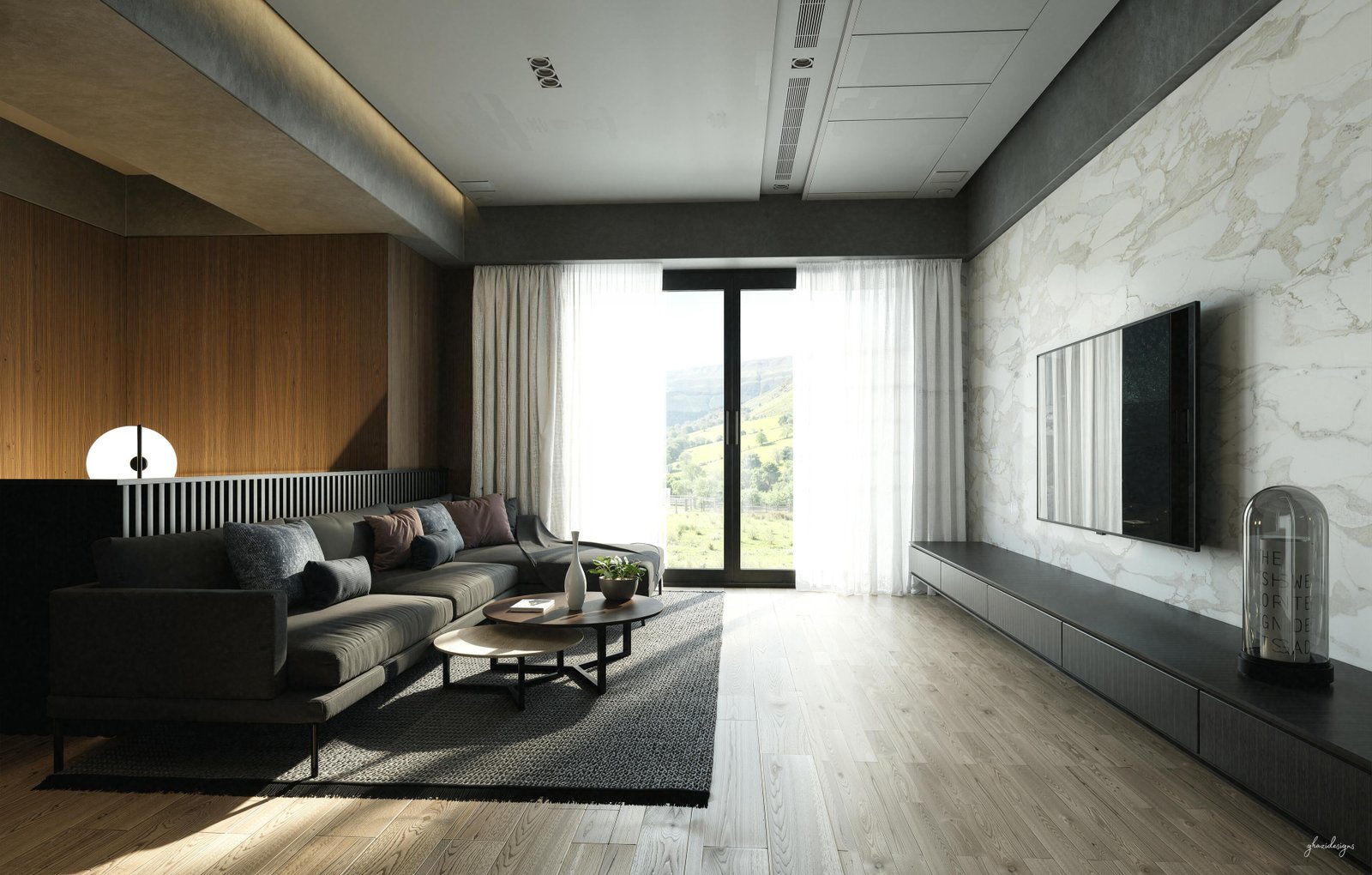 Salon moderne aux couleurs naturelles et mobilier minimaliste