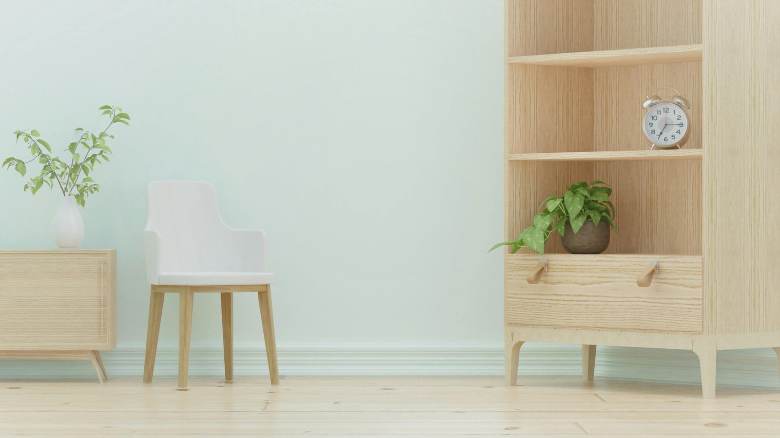 Salon moderne et durable avec mobilier en bois clair et plantes vertes