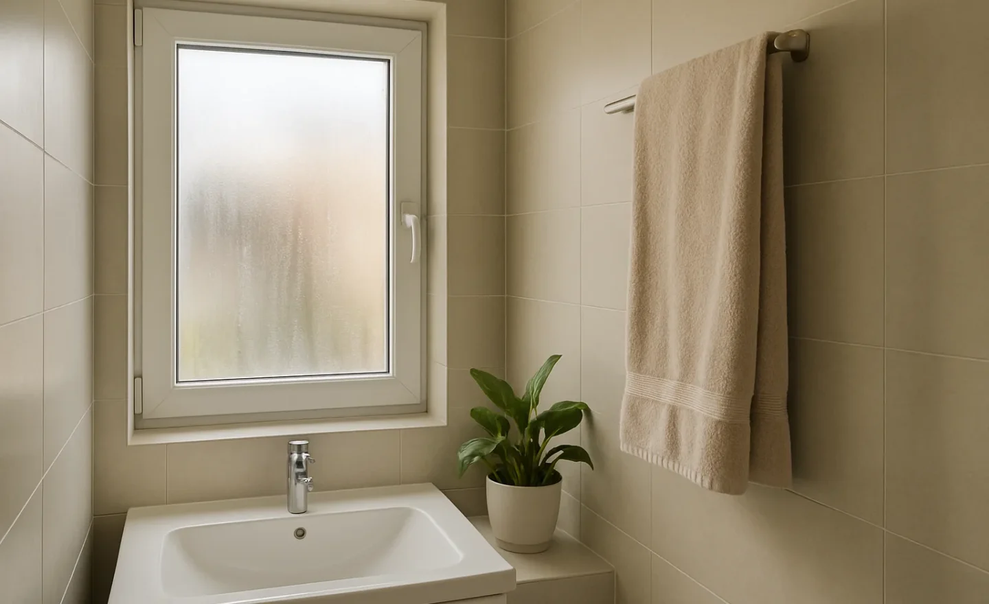 Fenêtre légèrement embuée dans une salle de bains équipée d’une grille de ventilation.