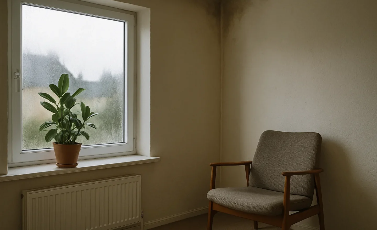 Fenêtre légèrement embuée dans une pièce où une petite trace d’humidité apparaît près d’un mur extérieur.