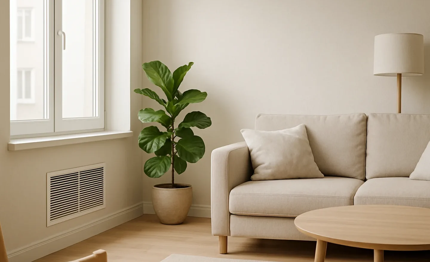Pièce rénovée avec une bouche de ventilation discrète près d’une fenêtre.