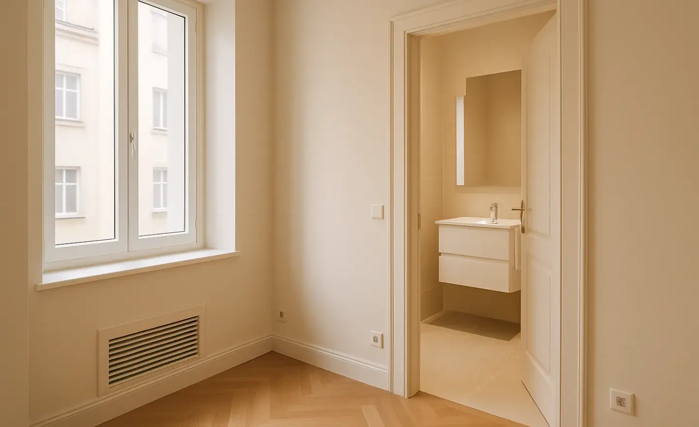 Entrée d’air discrète près d’une fenêtre dans un logement rénové.