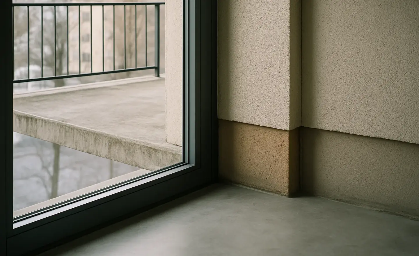 Jonction entre le sol intérieur, la façade et un balcon dans un appartement.