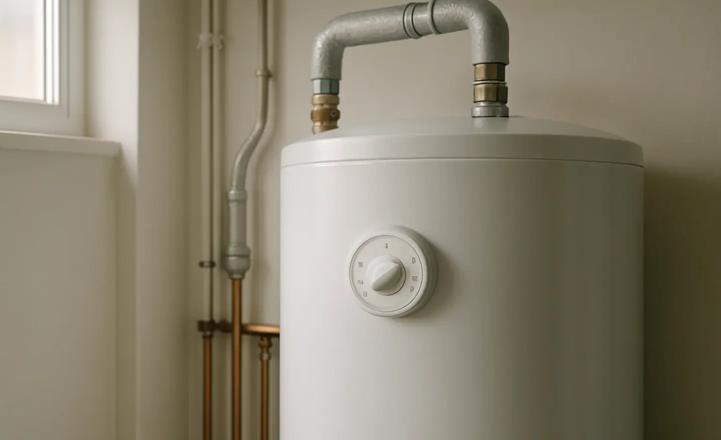 Thermostat et raccordements d’un chauffe-eau électrique dans une pièce technique.