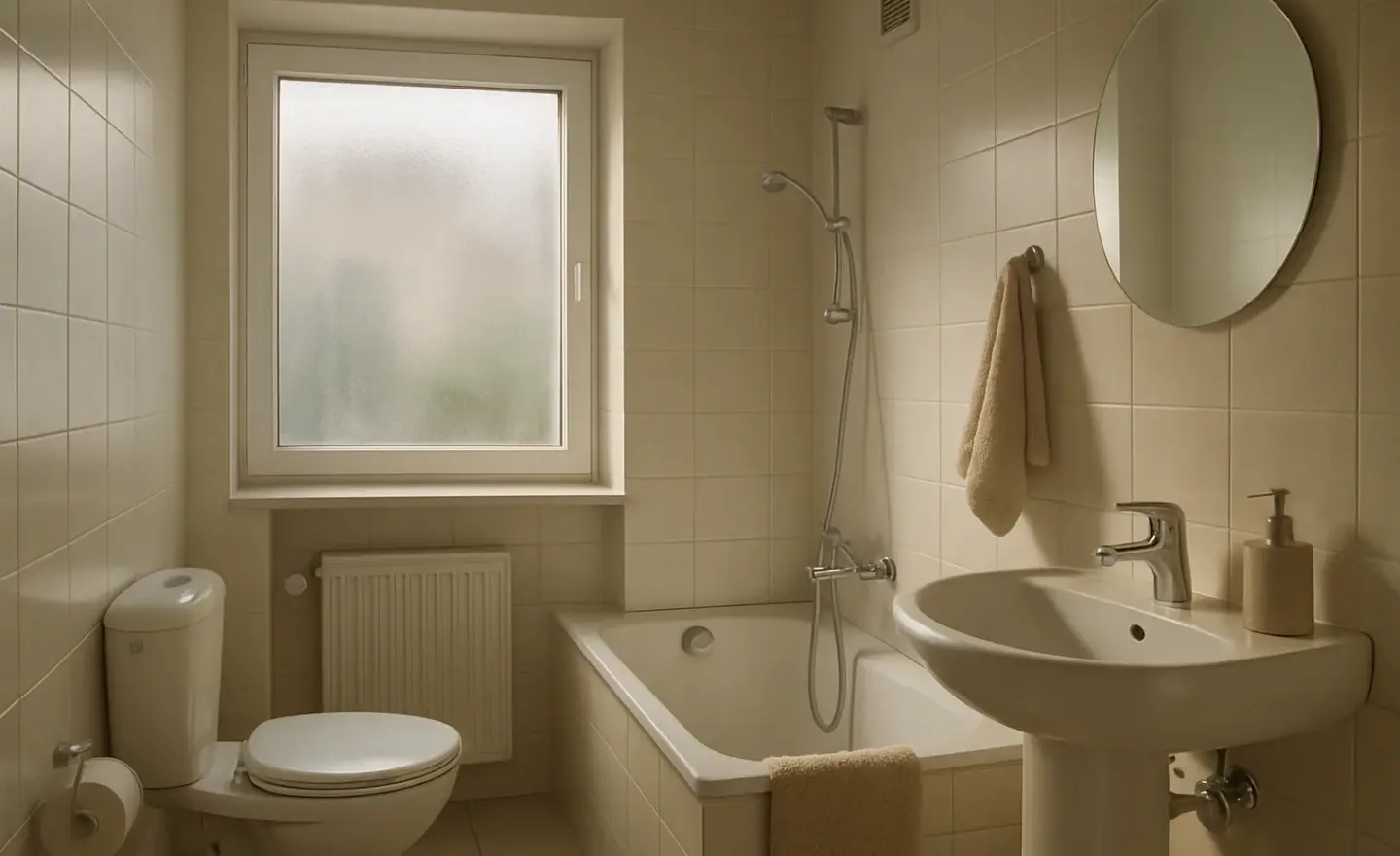 Salle de bains avec une fenêtre légèrement embuée et une grille de ventilation visible.
