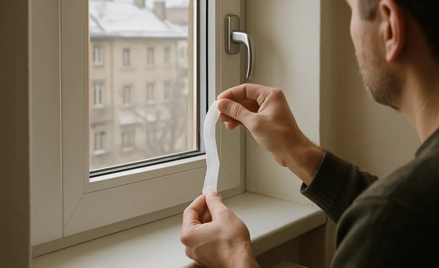 Une main vérifie un possible courant d’air près du joint d’une fenêtre.