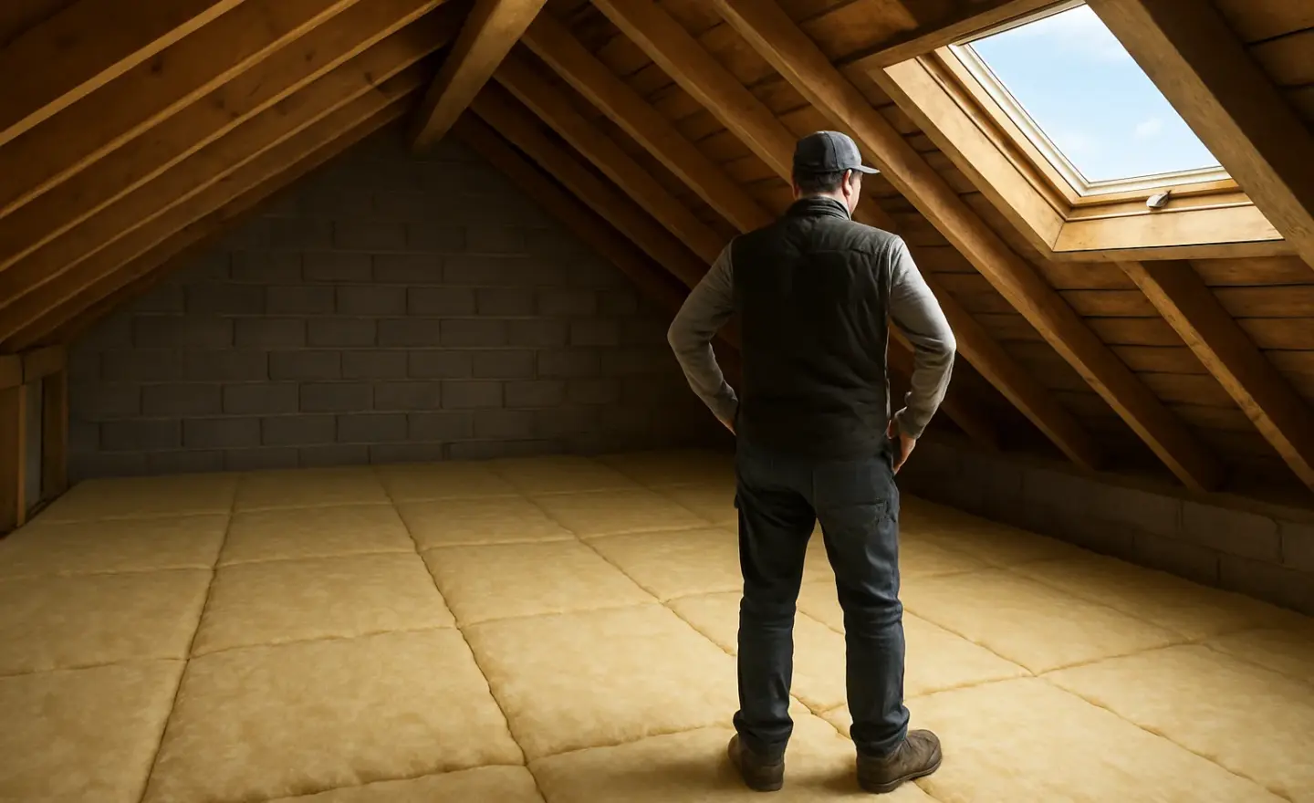 Combles en rénovation avec un plancher isolé et la charpente visible sous la toiture.