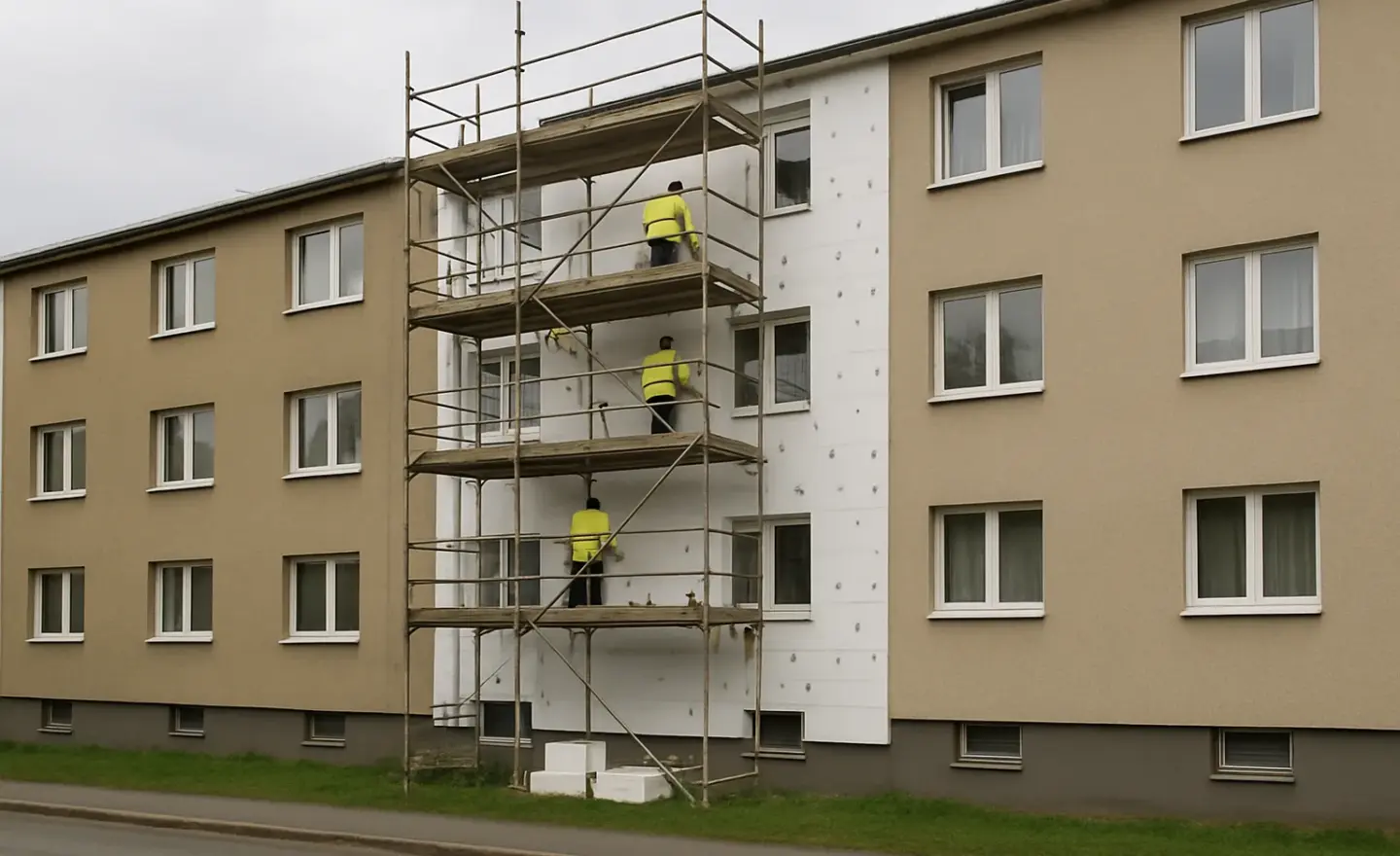 Façade d’un immeuble en copropriété équipée d’un échafaudage pendant des travaux d’isolation extérieure.
