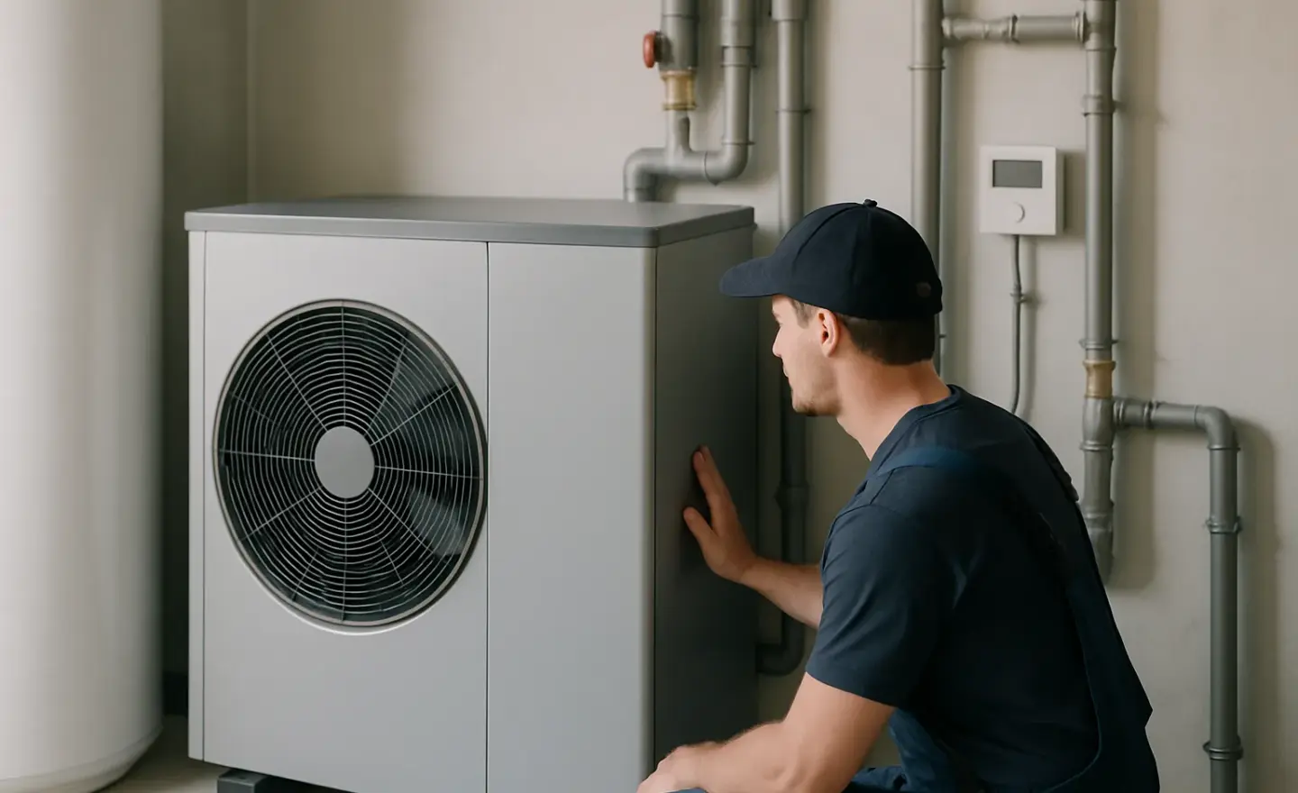 Installation de pompe à chaleur air-eau contrôlée dans une pièce technique.