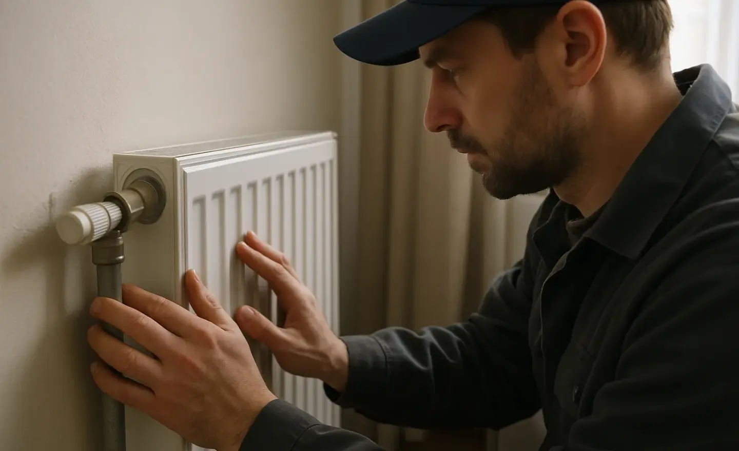 Un professionnel vérifie le réglage d’un radiateur dans un logement.