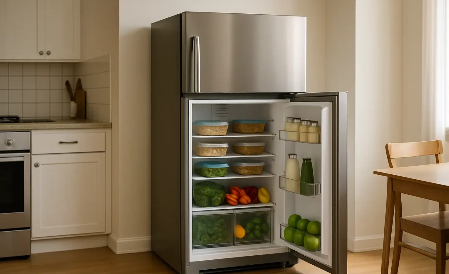 Réfrigérateur ouvert dans une cuisine lumineuse, avec des aliments rangés sur les étagères.