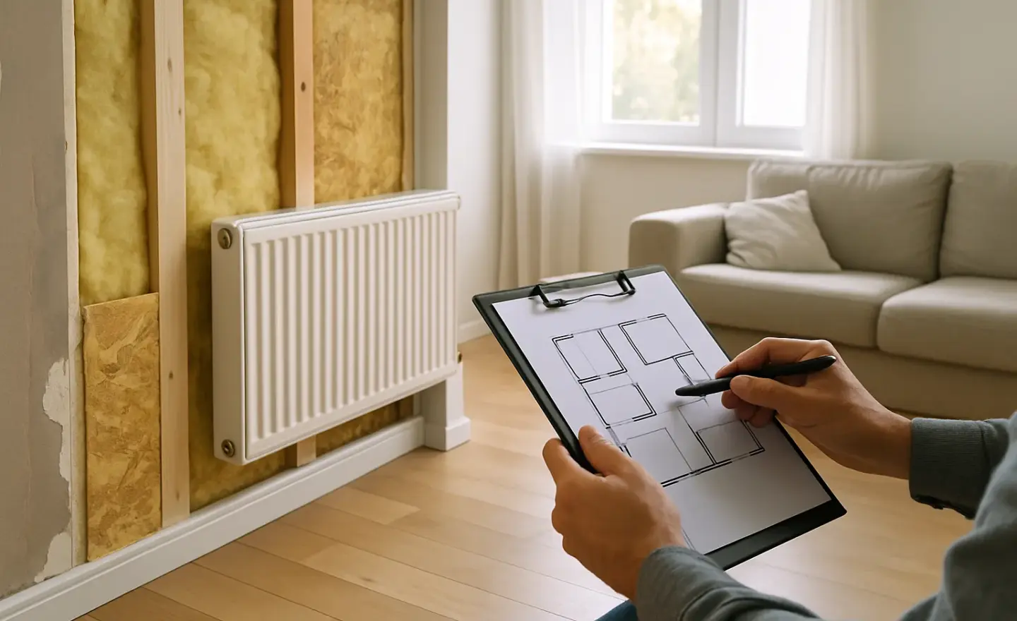 Un professionnel examine le plan d’un logement en rénovation, près d’un mur isolé et d’un radiateur.