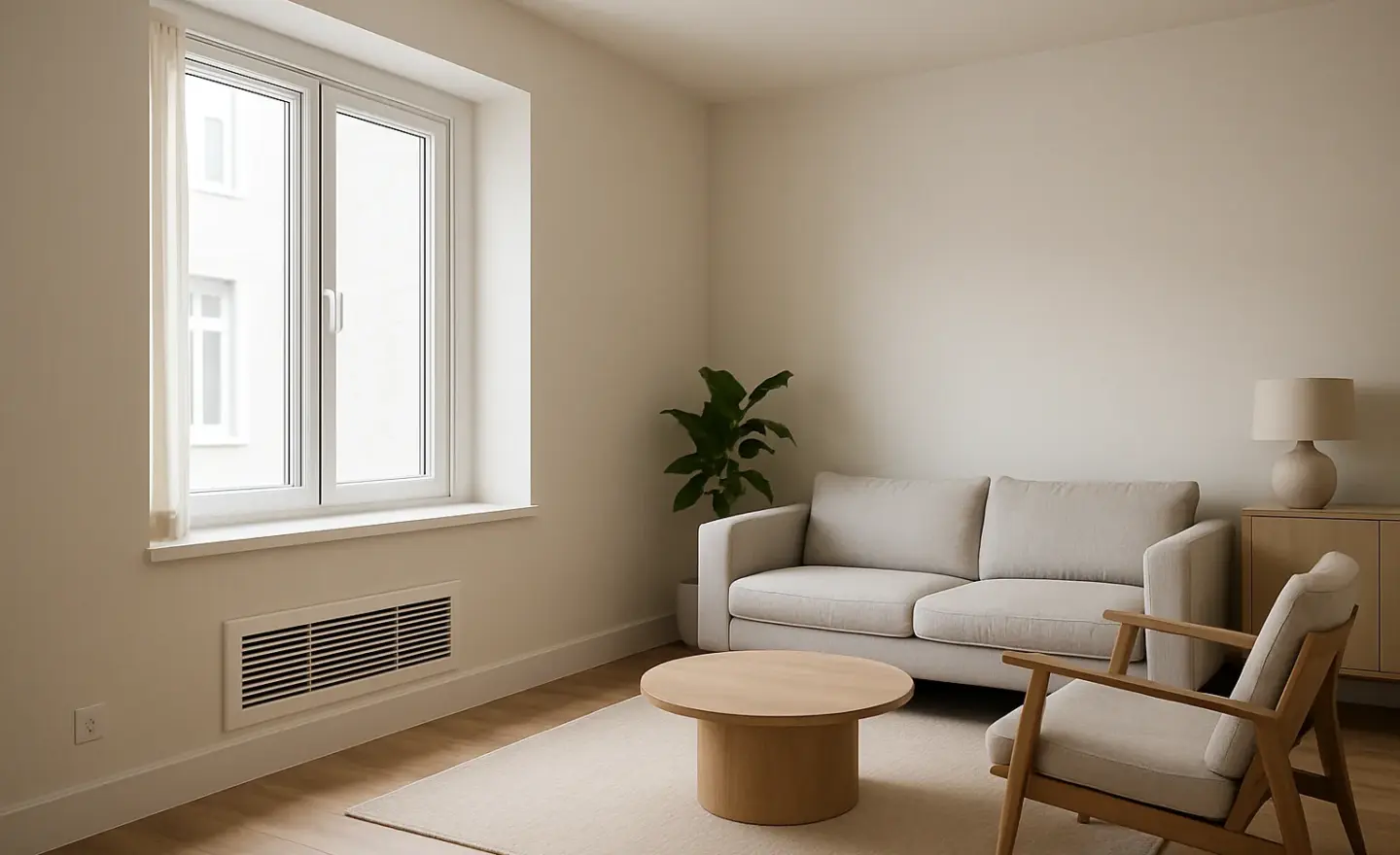 Bouche de ventilation discrète dans un séjour rénové et lumineux.