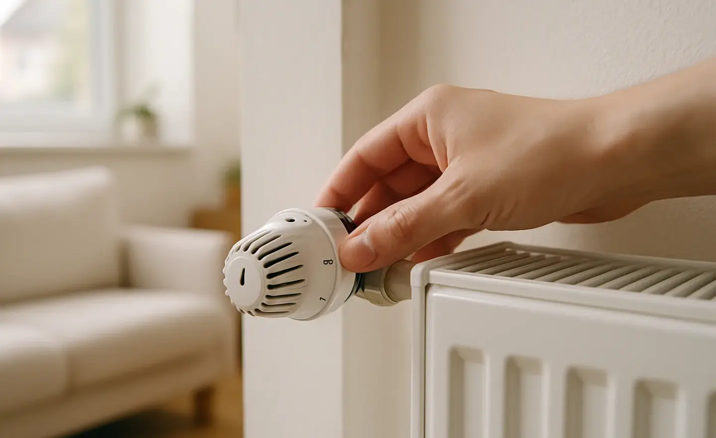 Une main ajuste le robinet thermostatique d’un radiateur dans une pièce lumineuse.