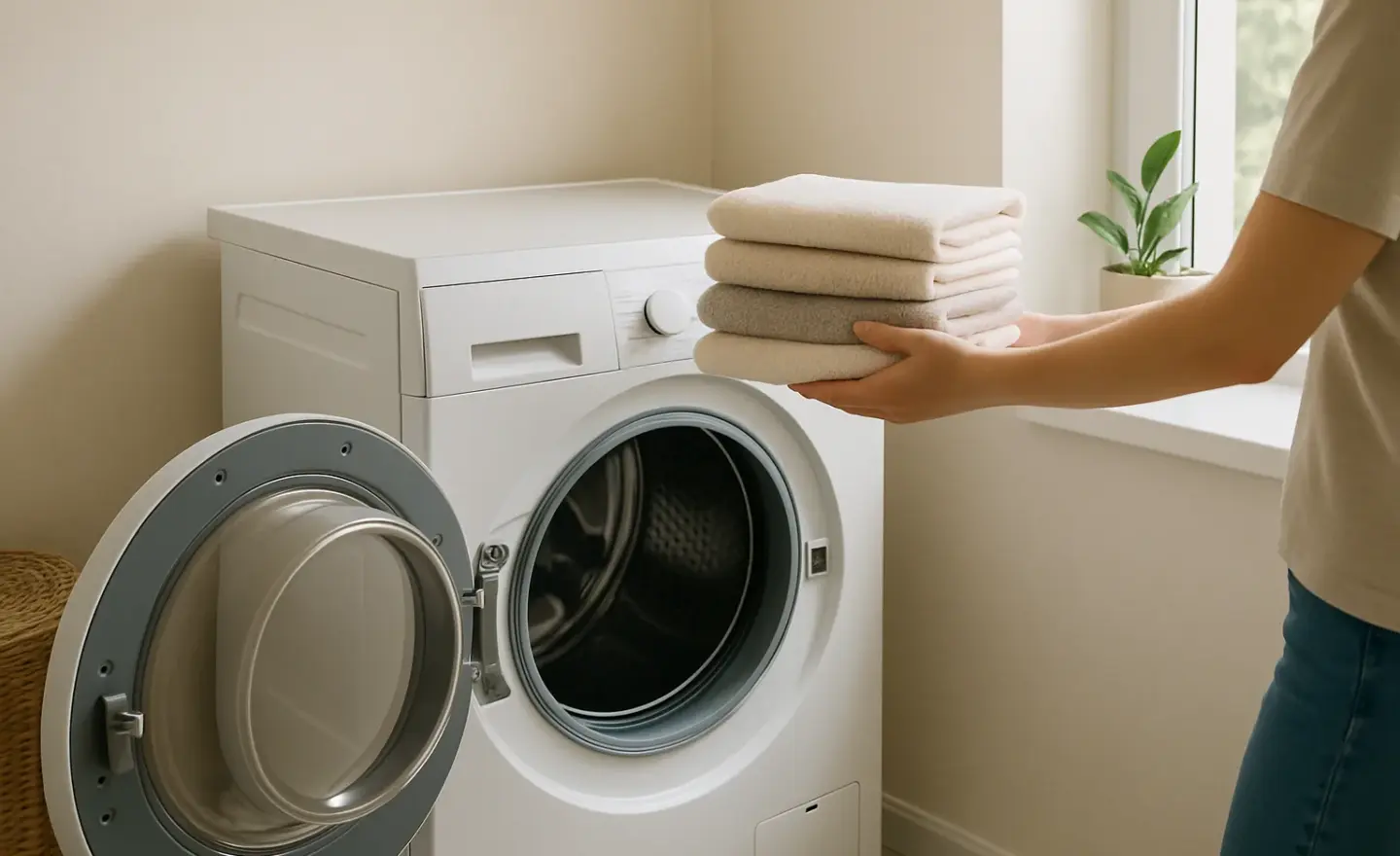 Un sèche-linge ouvert dans une buanderie lumineuse, avec des serviettes pliées à proximité.