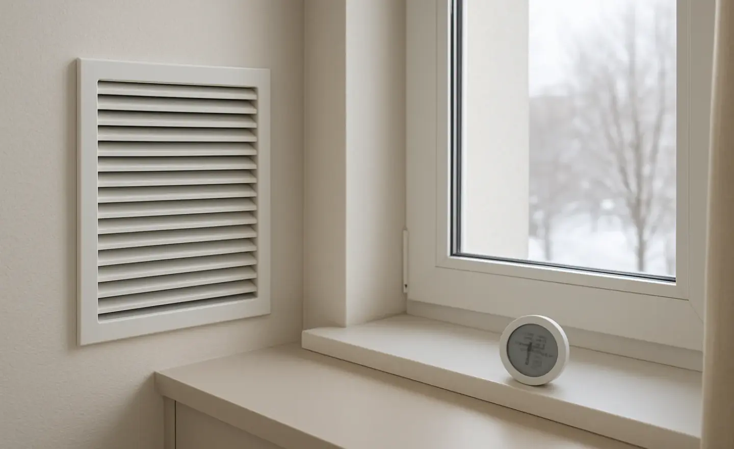 Bouche de ventilation et hygromètre dans une pièce lumineuse et bien isolée.
