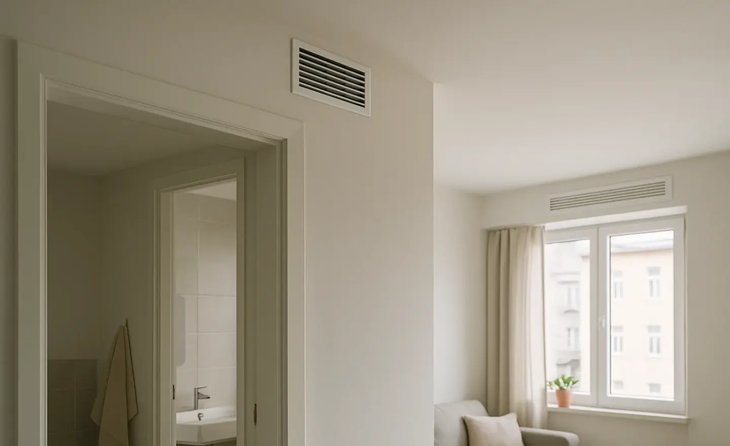 Bouche d’extraction de ventilation installée au plafond d’une salle de bains claire.