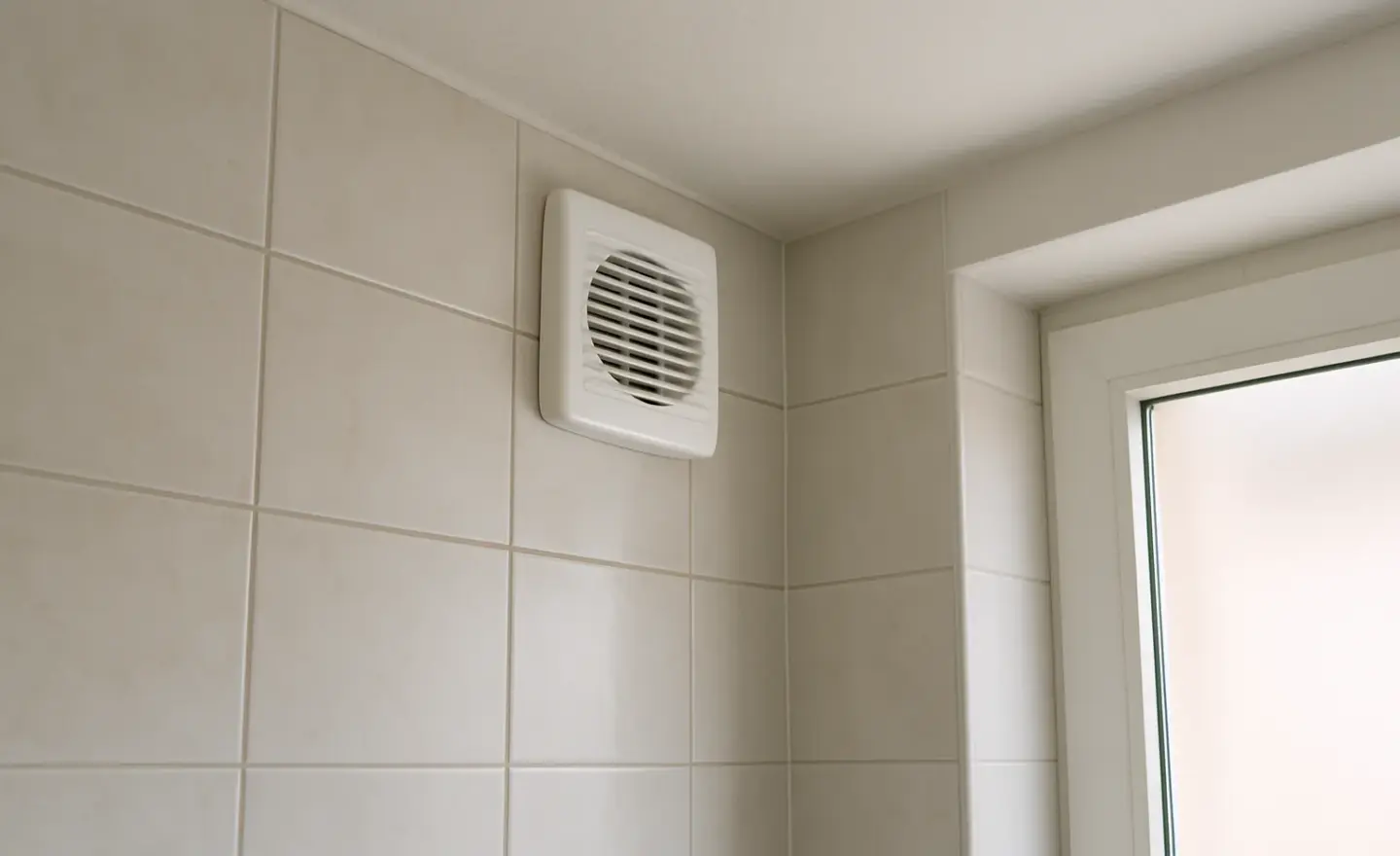 Bouche d’extraction d’une VMC installée dans une salle de bains lumineuse.